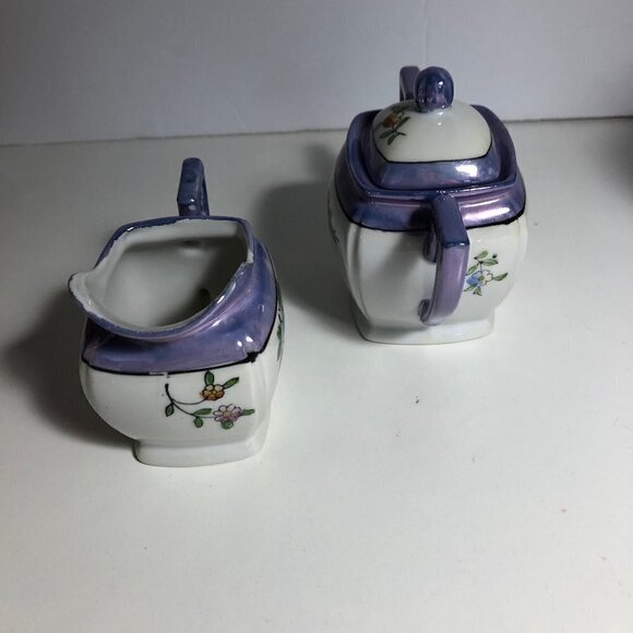 Blue Lusterware? - Creamer & Sugar Set - Floral - Made in Japan #82 - Picture 3 of 11